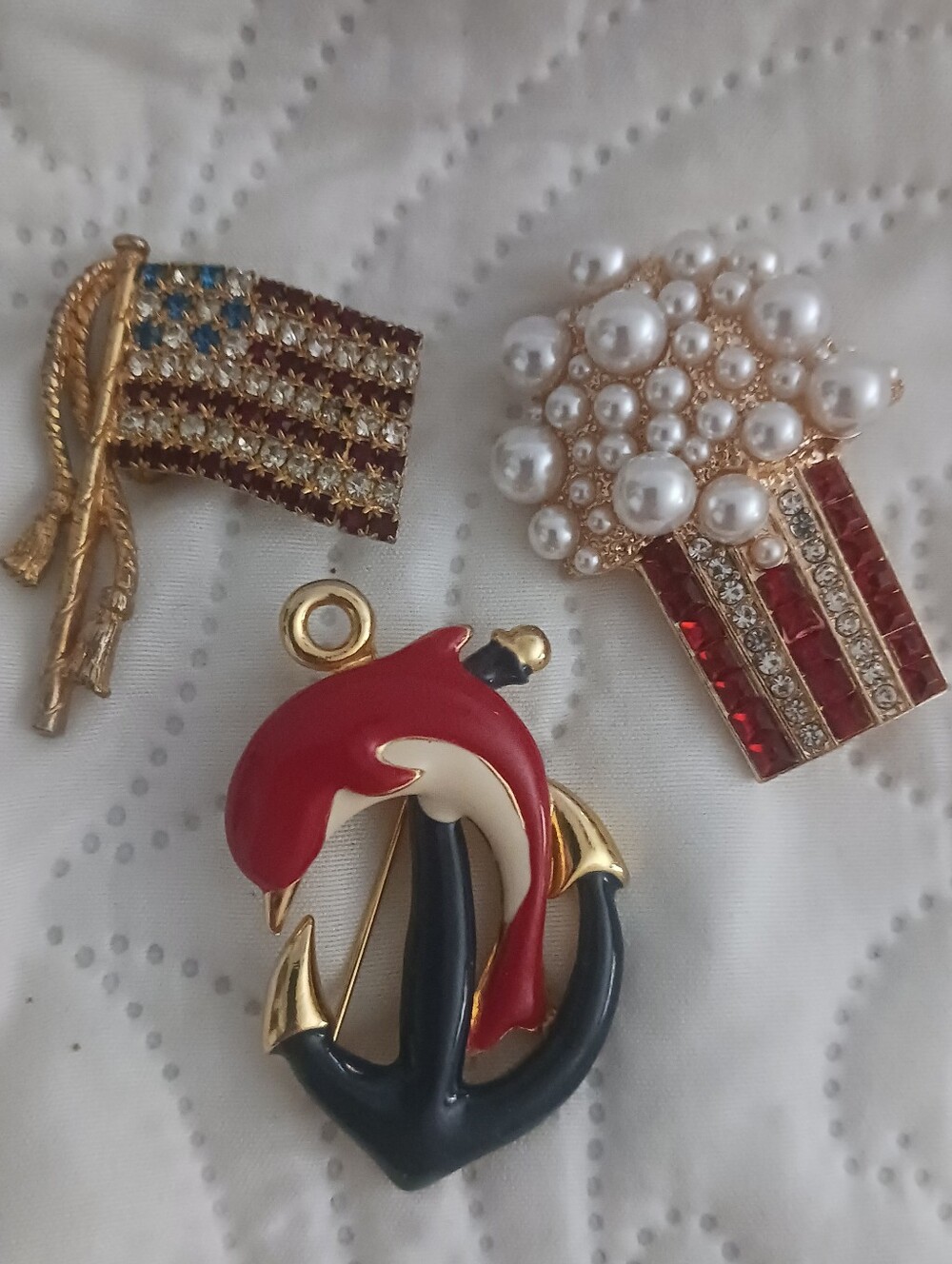 Red White Blue Jewelry Small Haul US Flag Signed Dolphin Popcorn Pins